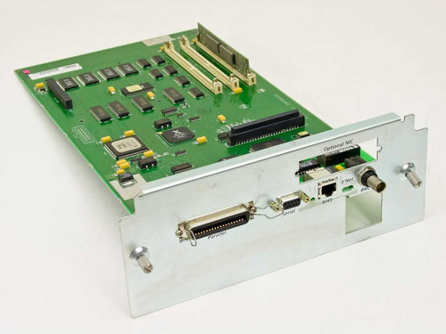Xerox N17 Logic Board 140E37101A1 – angled front view showing bracket with Parallel, Serial, RJ45, and BNC ports and green PCB