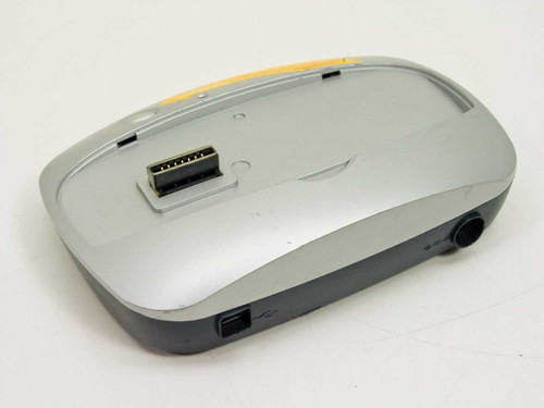 Kodak EasyShare Camera Dock angled side view showing Mini-USB port on rear edge and overall silver-gray housing