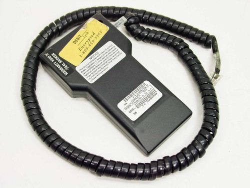Hypercom S8 PIN pad rear view showing label with part number 010036-008 D1 and coiled cable