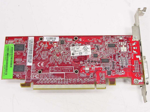 Dell HJ513 ATI Radeon X1300 PCIe video card — rear PCB view showing solder side, FCC/UL markings, and PCIe edge connector
