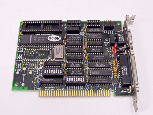 Diamond IO DIO-100 Rev C 8-bit ISA serial parallel I/O card — component side showing ICs including NS16450N UART and MC1489AF chips, with DB25 and DB9 bracket connectors at right