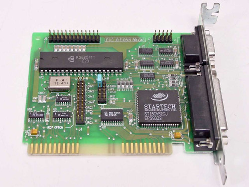 Boca Research BRI4340 ISA I/O card top view showing Startech ST16C452CJ UART chip, DB25 and DB9 bracket connectors, and ISA edge connector