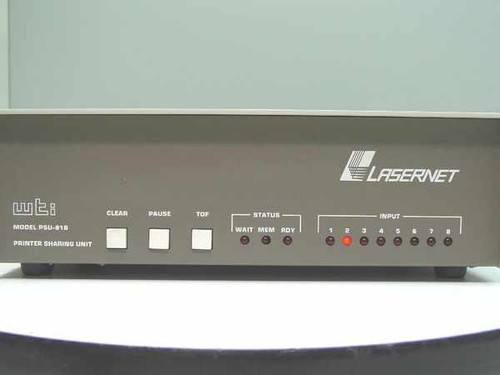 WTI Lasernet PSU-81B front panel close-up showing CLEAR, PAUSE, TOF buttons, STATUS indicators (WAIT, MEM, RDY), and 8 INPUT LEDs numbered 1–8