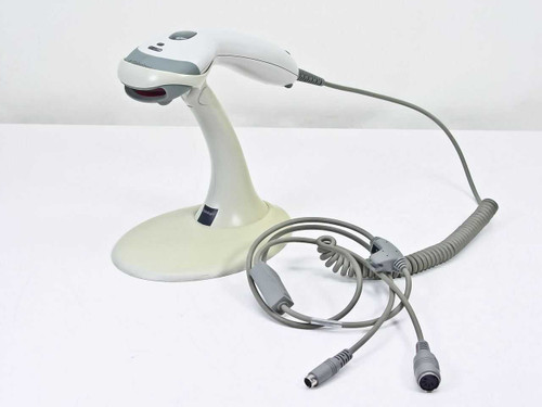 Metrologic MS9540 VoyagerCG barcode scanner on stand with AT-to-PS/2 KB wedge cable laid out in front