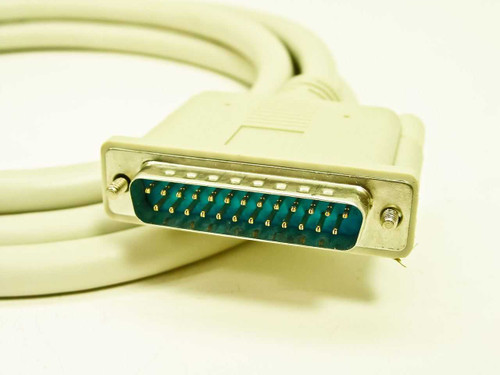Close-up of DB25 male connector end – 25 gold pins visible, metal shell, beige overmold