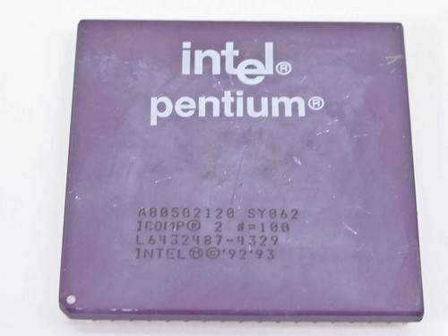 Intel Pentium SY062 A80502120 120MHz CPU – top view showing purple ceramic package with Intel Pentium logo and markings