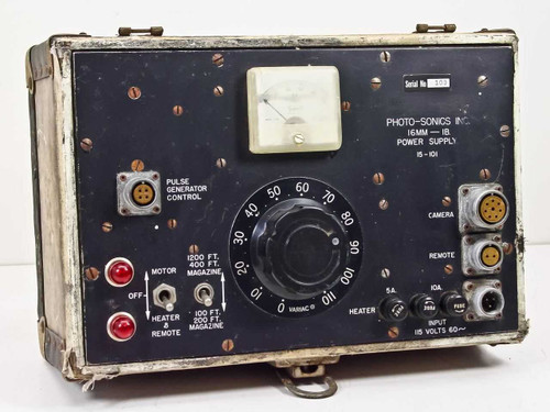 Photo-Sonics 16mm-1B Power Supply 15-101 front panel showing Variac speed control knob, meter, Camera and Remote connectors, motor and heater switches, and red indicator lights