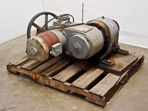 General Electric 7GP358MA3AA variable speed motor and gearbox assembly — right-side view showing large output pulley and motor body on pallet