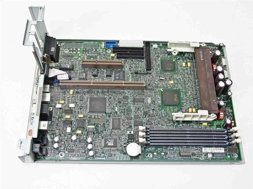 Compaq 296669-001 Pentium II Slot 1 motherboard mounted in metal chassis tray — full board top view