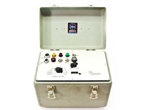 Traid Corp intervalometer controller open in aluminum travel case, front panel view showing indicator lights and controls