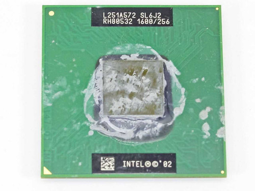 Intel Celeron Mobile SL6J2 1.6 GHz 256KB CPU – top view showing SL6J2 and RH80532 markings with thermal paste residue on die