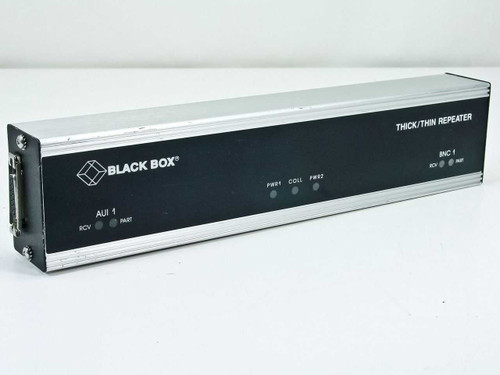 Black Box LE605A Thick/Thin Ethernet Repeater – front panel showing AUI 1 port, BNC 1 port, and PWR/COLL indicator LEDs