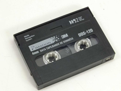 Imation 3M DDS-120 4mm DDS-2 data tape cartridge out of case — front label showing DDS2 logo and Media Recognition System markings