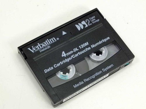Verbatim DataLife DDS2 4mm DL 120M Data Cartridge tape removed from case, front showing Media Recognition System label