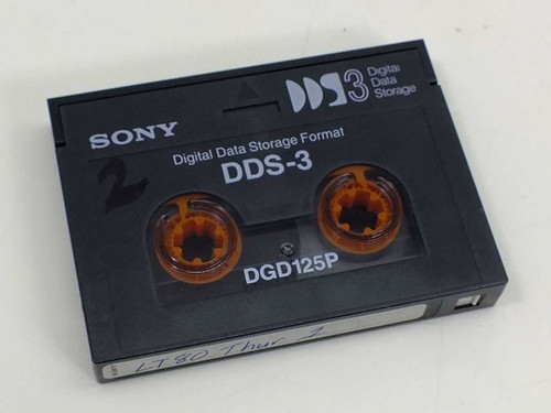 Sony DGD125P DDS-3 cartridge tape shell showing dual tape reels, DDS-3 branding, and handwritten label on spine