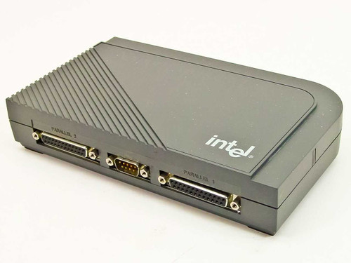 Intel NetportExpress XL 309304 print server — front panel showing two DB-25 parallel ports and one DB-9 serial port with Intel logo