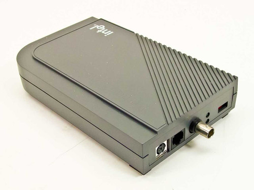 Intel NetportExpress XL 309304 coax print server — left-side view showing BNC coax port, DIN power port, and RJ connector