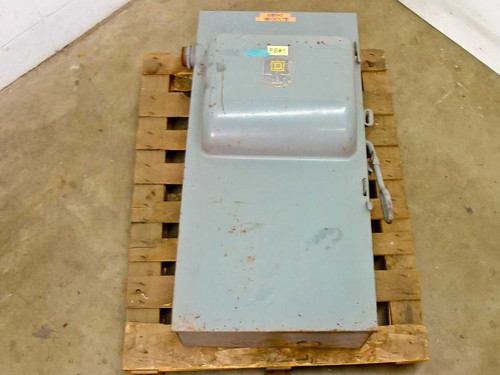 Square D H365 400A 3-Phase Fusible Safety Switch – front exterior view on pallet, gray enclosure with yellow asset tag