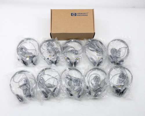 HP LT-100 5182-3552 headphones — all 10 units fanned out in individual bags with HP box in background