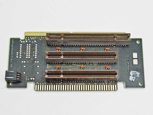 IBM 27F4630 MCA riser card — top/component side showing 3 Micro Channel Architecture expansion slots with orange retention clips and edge connector