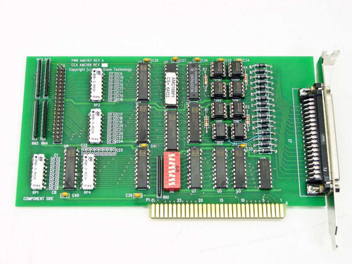 Dison Technology AMC167 Rev A 8-bit ISA port controller card — component side showing 40-pin internal header, DIP ICs, red DIP switch bank, and 37-pin D-sub external connector with ISA edge connector
