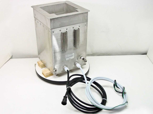 NEY Ultrasonics 811485 4.3-gallon ultrasonic tank with heat and chill jacket – front three-quarter view showing aluminum exterior, attached cables, and AMP circular connector