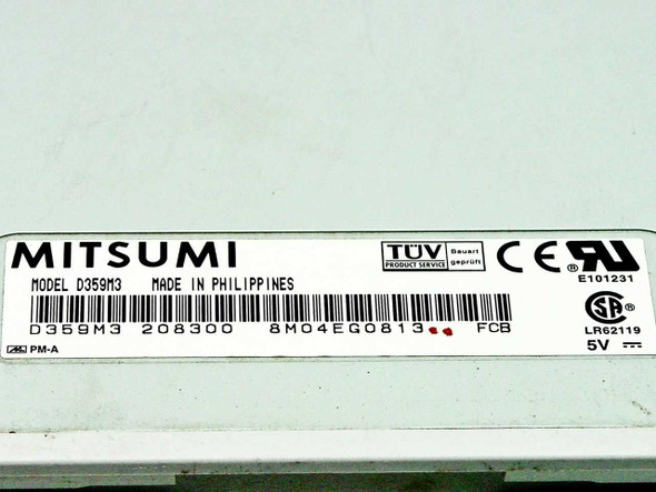 Mitsumi D359M3 floppy drive bottom label showing model number, part number 208300, Made in Philippines, TUV and UL certifications, and 5V power rating