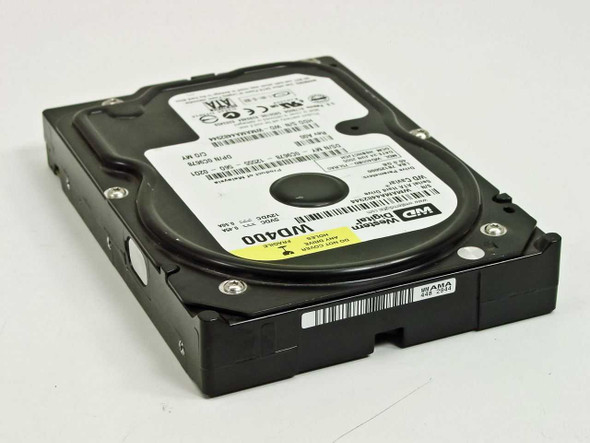 Western Digital WD400 40GB 3.5-inch SATA hard drive – top angled view showing label and PCB edge