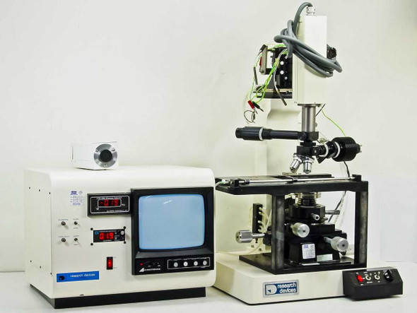 Research Devices M9 Infrared Microscope Heated Platform Rework Station – full system overview showing controller console with CRT monitor and microscope XY stage assembly