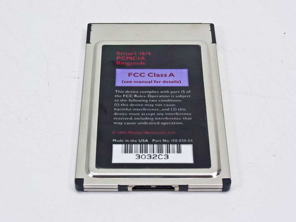 Madge Smart 16/4 PCMCIA Ringnode rear label showing FCC Class A notice, part number 150-020-04, and barcode