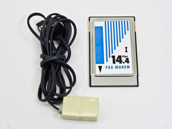 Intel 2T65 14.4 Kbps PCMCIA fax modem card shown face-up alongside coiled phone line dongle cable and RJ-11 adapter