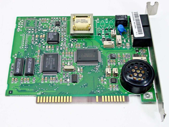 US Robotics 112504 ISA modem card — reverse component side showing main controller ICs, transformer, and ISA edge connector