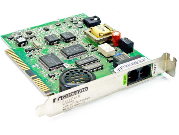 US Robotics Gateway 2000 TelePath 33.6 ISA Modem 87173102 – angled front-left view showing ISA edge connector and bracket with RJ-11 ports