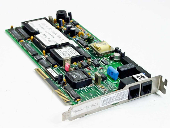 Zoom VFPV32BIS 8-bit ISA fax modem card – angled top view showing full PCB, dual RJ-11 ports on bracket, and main chips