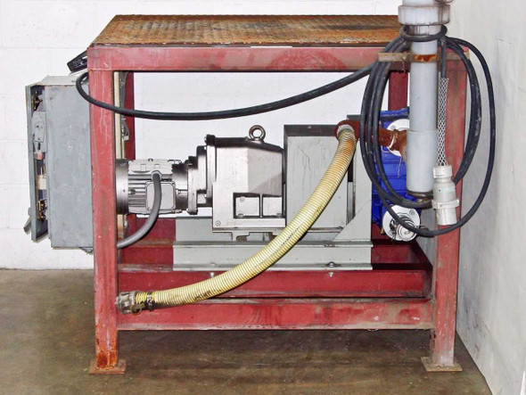 Alfa Laval 140FBB pump with Nord gearbox and motor assembly – left side view showing flex hose and motor starter enclosure