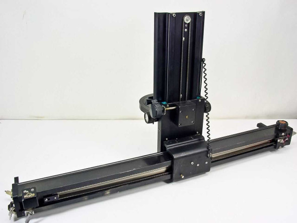 Richards B17266 microscope mount – left-side three-quarter view showing full 33-inch linear travel rail, chain drive, and vertical column