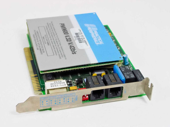 Practical Peripherals PM9600 V.32/V.42bis ISA internal modem — front-right angle showing ISA edge connector, dual RJ-11 ports on bracket, and blue label