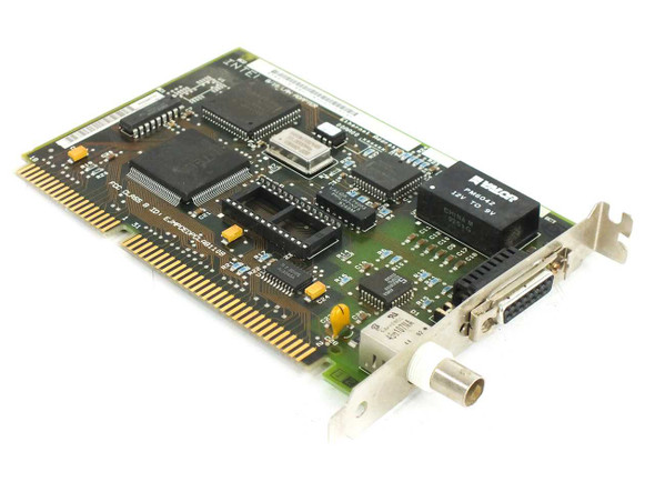 Intel EtherExpress 16 308710-002 — angled three-quarter view showing ISA edge connector, BNC, and AUI ports