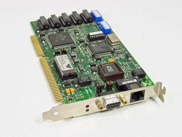 Thomas-Conrad TC9145 16-bit ISA Token Ring network card – angled top view showing main PCB, chips, and bracket with DB9 and RJ-45 ports