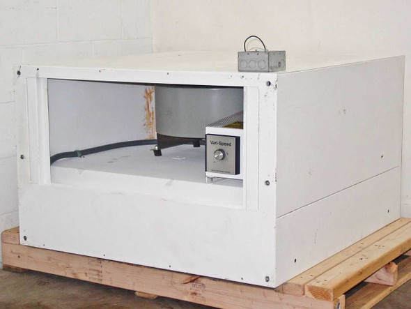 Vari-Speed laminar flow hood front-left three-quarter view showing open work area, blower unit, and Vari-Speed speed control module inside cabinet