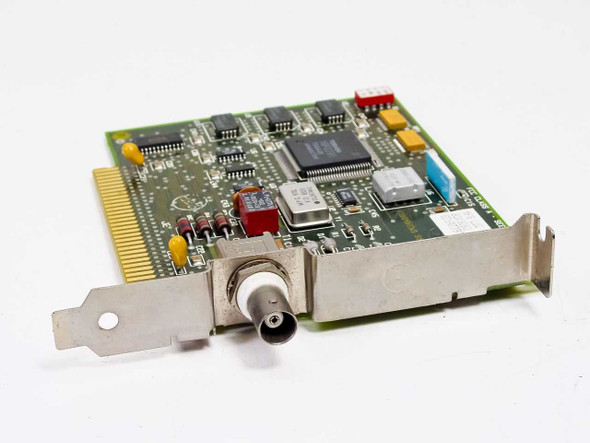 IBM 83X9263 8-bit ISA short coax network adapter card – angled top view showing component side with BNC connector and ISA edge connector