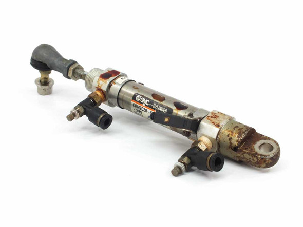 SMC CDM2C20-50-H7BL pneumatic cylinder full assembly with rod end bearings on both ends, front angled view