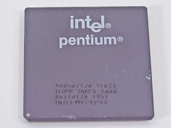 Intel Pentium 120MHz processor A80502120 SY033 — top ceramic package showing Intel Pentium logo and markings including ICOMP INDEX-1000 and copyright 1992-1993
