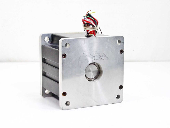 Emoteq QS05600-B02-H servo motor — rear face showing recessed bearing journal and mounting bolt holes on aluminum frame