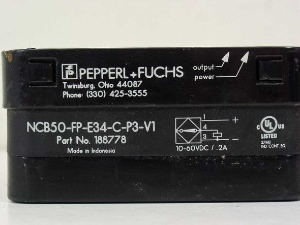 Pepperl+Fuchs NCB50-FP-E34-C-P3-V1 label showing model number, part number 188778, 10-60VDC 0.2A rating, UL listing, and Made in Indonesia