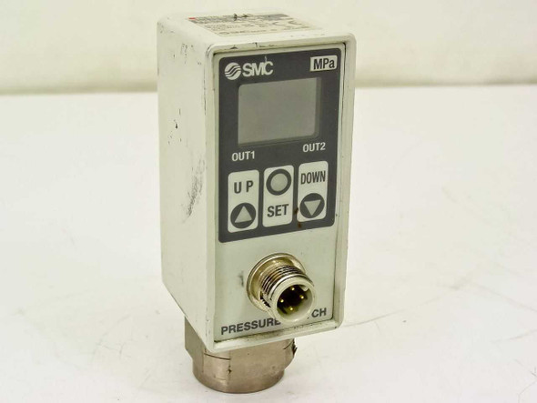 SMC ISE70-N02-43 Digital Pressure Switch – front panel view showing LCD display, OUT1/OUT2 indicators, UP/SET/DOWN buttons, and M12 connector