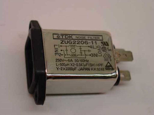 TDK ZUG2206-11 Noise Filter – top label detail showing 250V 6A 50/60Hz specs, circuit diagram, L-500µH and capacitor values
