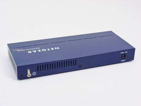 Netgear FS108 Fast Ethernet Switch – rear view showing ventilation slots and DC power jack labeled 12Vdc 1.2A