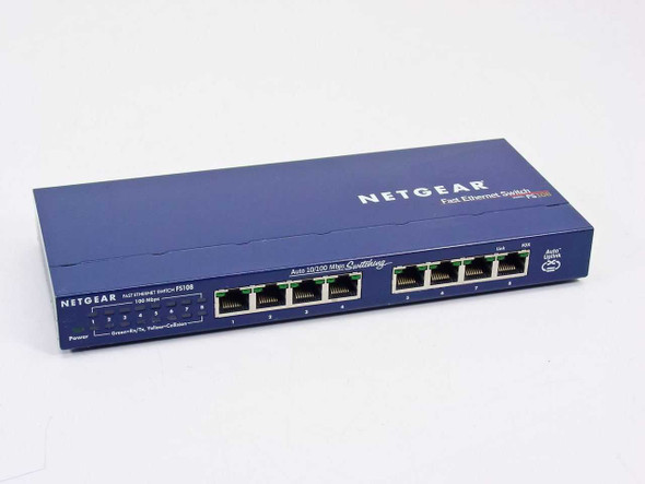 Netgear FS108 Fast Ethernet Switch – front-left angled view showing 8 RJ-45 ports and Auto Uplink label