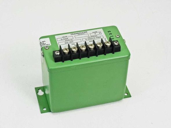 Ohio Semitronics SCE-003 green voltage transducer — front and top angled view showing label and screw terminal block
